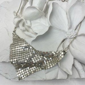 Vintage 80s Metal Mesh Bib Silver Tone Choker Style